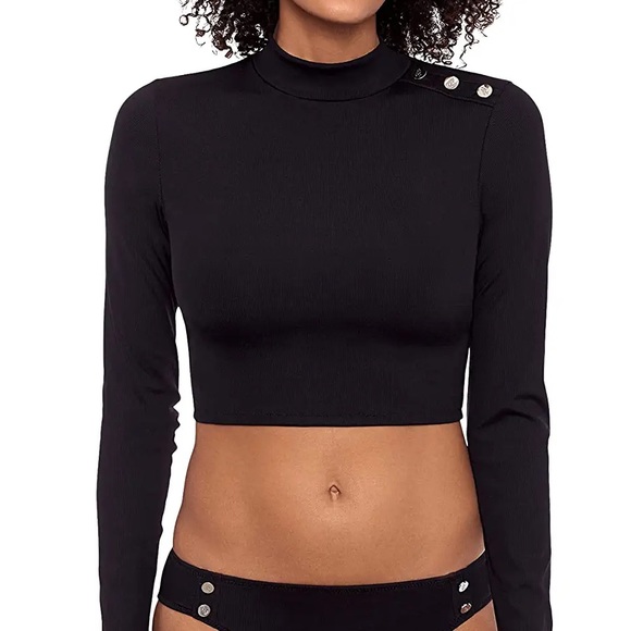 Lauren Ralph Lauren Ribbed Cropped Mockneck Rash Guard Black Swim TOP ONLY NEW - Picture 6 of 9